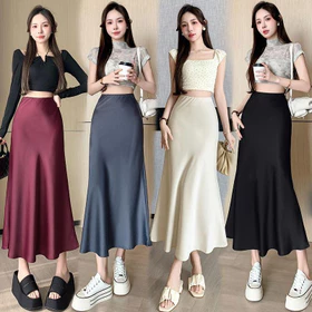 BUTIK Rok Pelukan Pinggul Gaya Korea Rok Ekor Ikan Satin Midi Wanita Ceruk Pinggang Tinggi