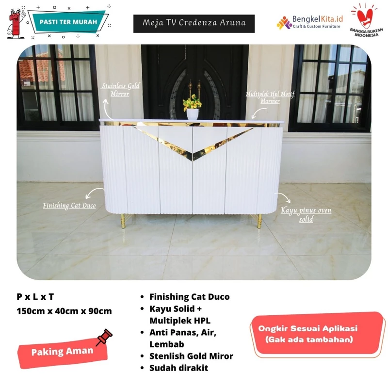 Meja TV Aesthetic Meja Buffet TV Kayu Solid - MEJA ARUNA - 150cm 4 Pintu Cat Duco Glossy Mewah