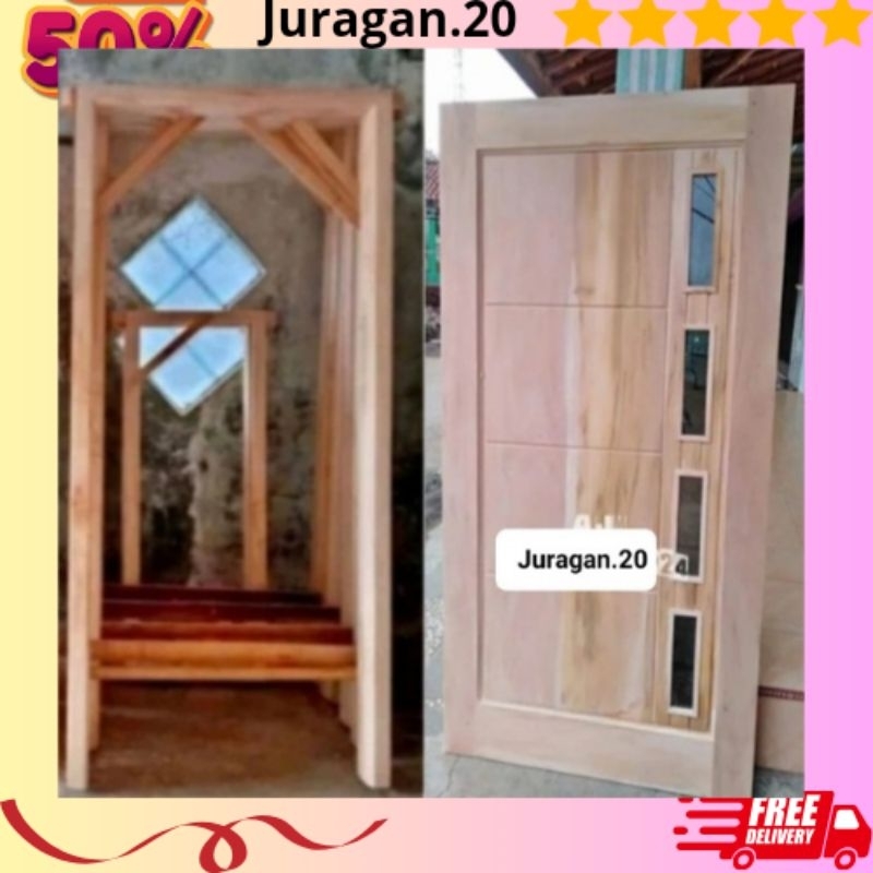 Pintu+Kusen 200×80cm Pintu Minimalis Motif Kaca Kotak Kotak