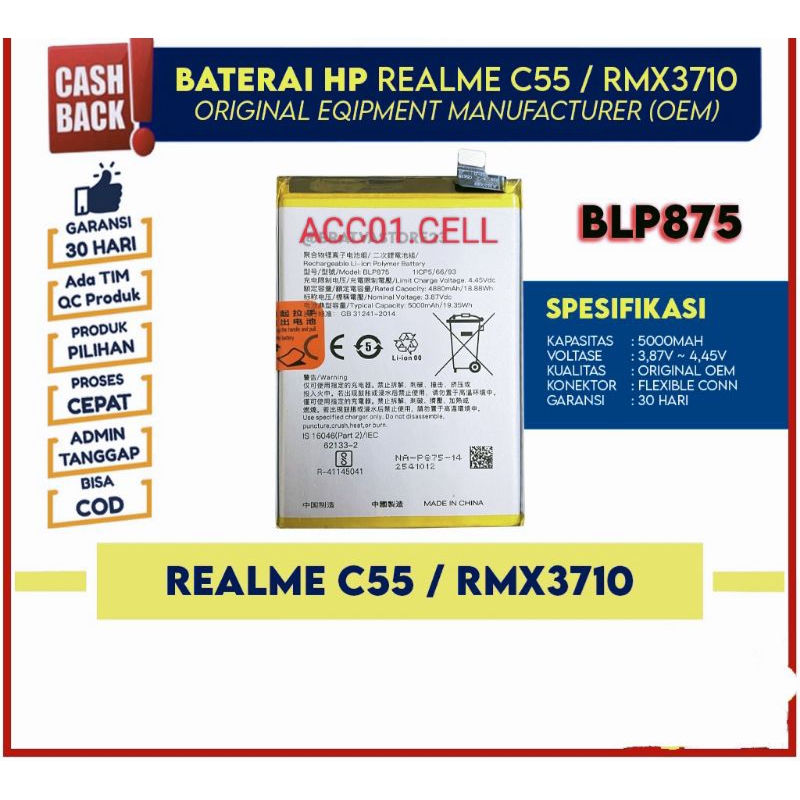 Jual Baterai Realme C55 - RMX3710 - BLP875 - Original Battrey | Shopee ...