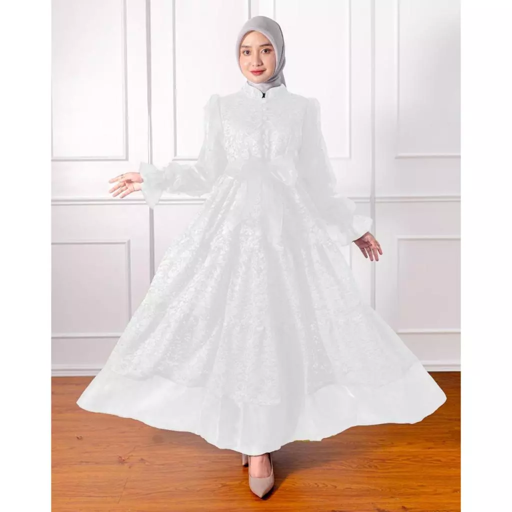 Gamis Moana Brukat Mix Organza Mutiara detail potongan