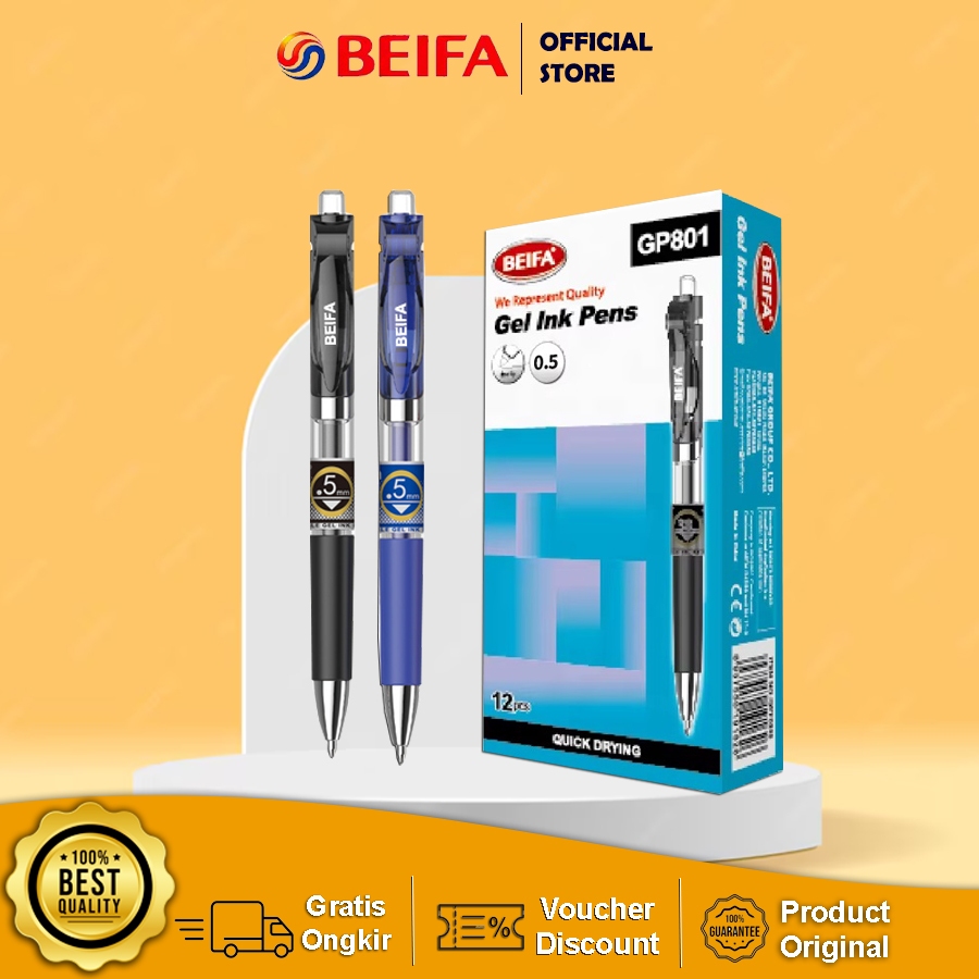 Beifa Pulpen Gel Retractable 0.5mm GP801 – Tinta Hitam Halus, Desain Klasik, Nyaman & Ergonomis