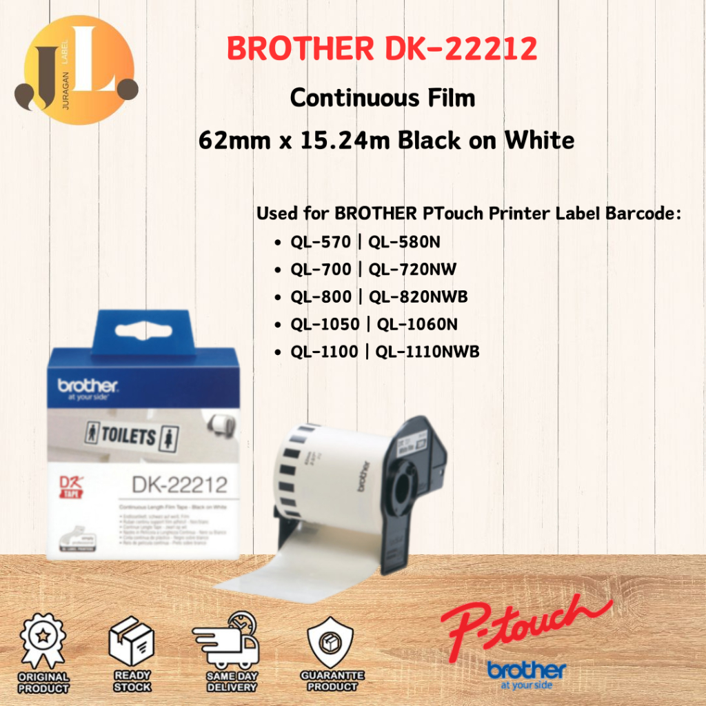 Papier étiquettes Continu 62mm Rouleau Étiquettes Brother DK22251 - 62mm X 15.24m - Noir/Rouge Sur Blanc - Continu QL-800 QL-810W