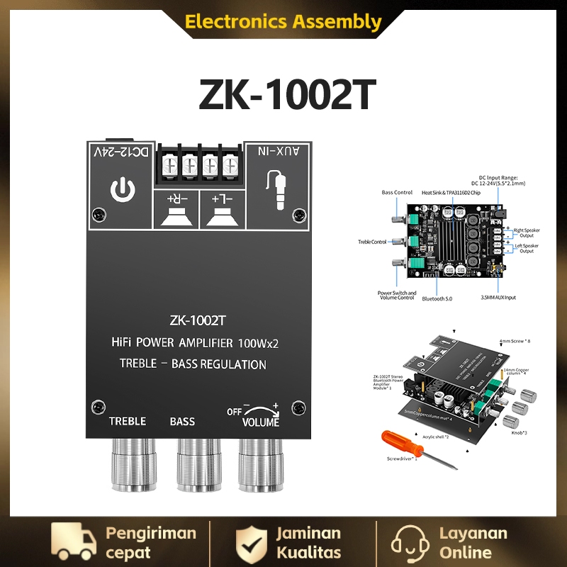 ZK-1002T Bluetooth 5.0 Verstärker 200W - Mini Stereo Board Mit Bass/Treble Regler