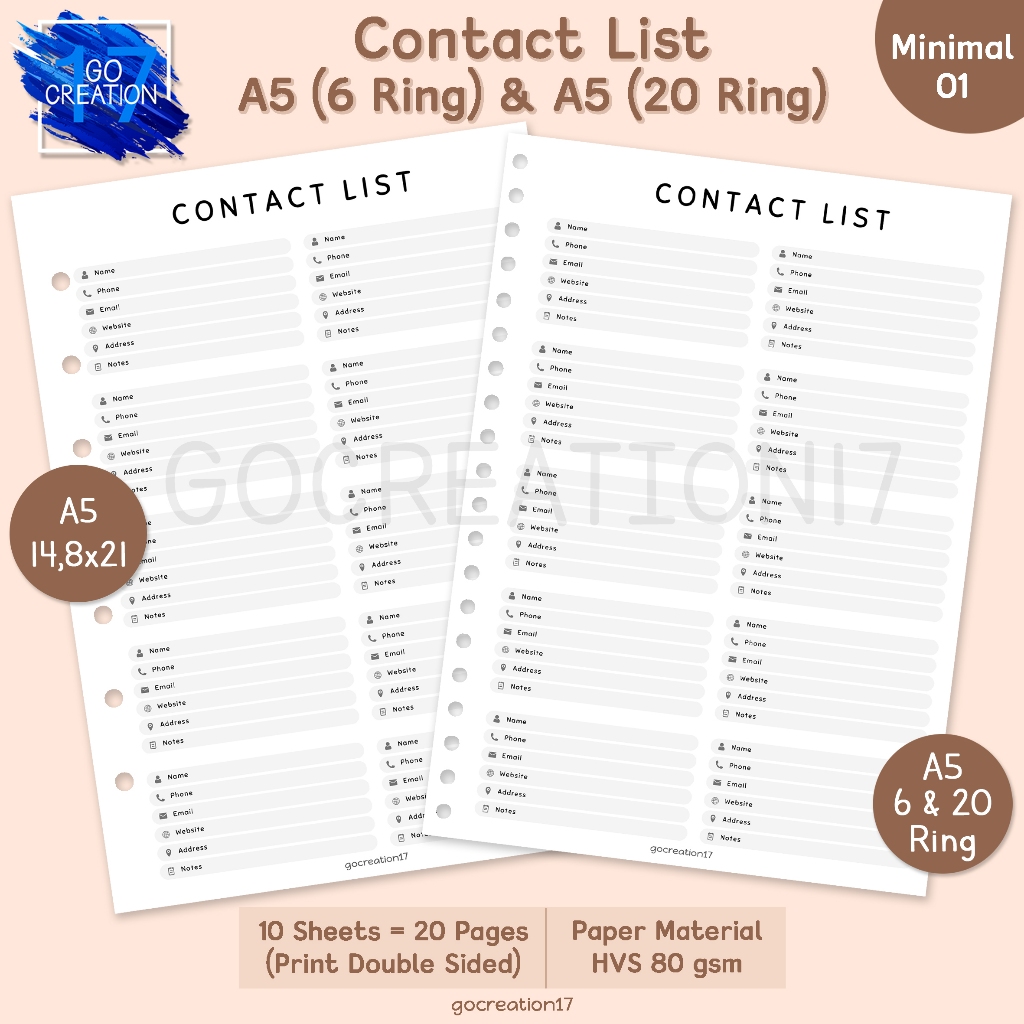 Jual Buku Planner Kertas Isi Binder Contact List Simple Minimalis A5 ...