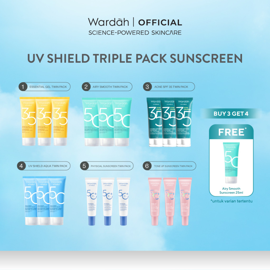 [TRIPLE PACK] Wardah UV Shield Sunscreen SPF 35 SPF 50 - Airy Smooth, Essential Gel, Acne Calming, Aqua Fresh, Tone Up, Physical