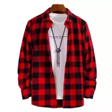 Kemeja Flanel Pria Catur Merah Lengan Panjang