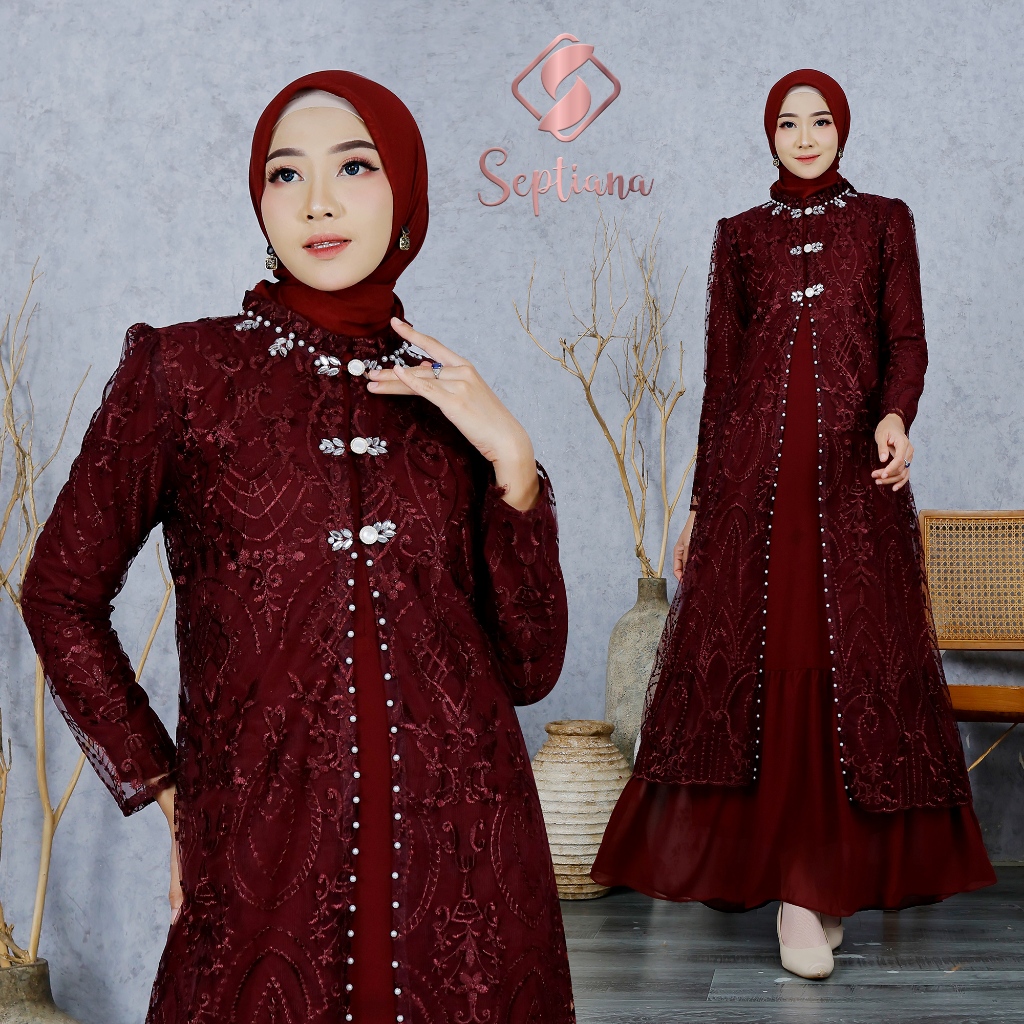Jual Septiana - Set Outer dan Inner Gamis Brukat Pesta kombinasi tille ...