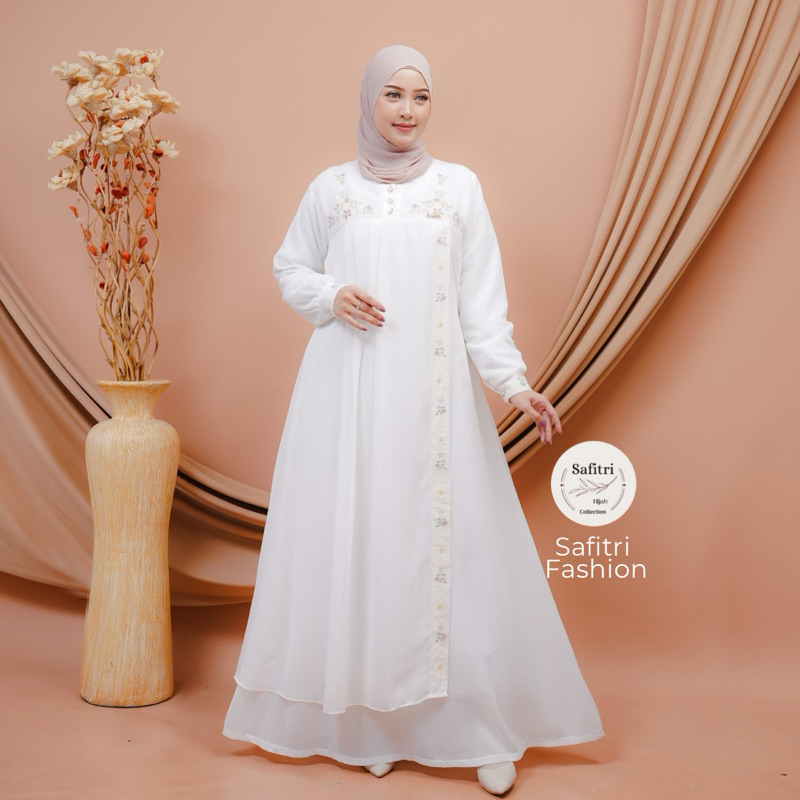 JASMINE DRESS Gamis bahan ceruty babydol kombinasi bordir mewah kondangan pesta lebaran manasik haji umroh ihram fashion muslim luxury bahan jatuh putih hitam seragam pengajian daily muslimah lengan kancing couple full furing mewah by Safitri Fashion