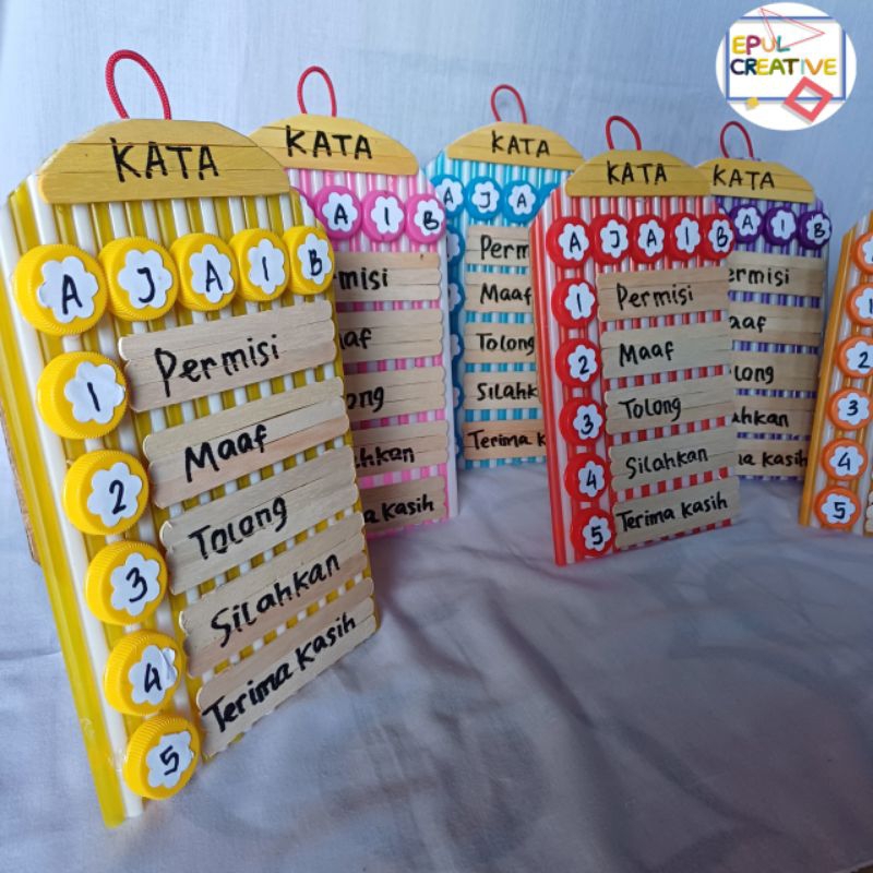 kerajinan tangan/edukasi anak kata ajaib dari stik eskrim,sedotan dan tutup botol