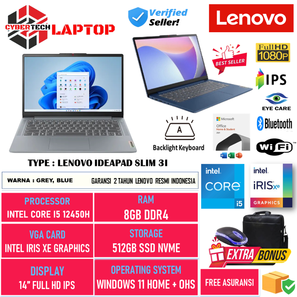 Jual Laptop Murah Lenovo Ideapad Slim 3i Intel Core i5 12450H Artic