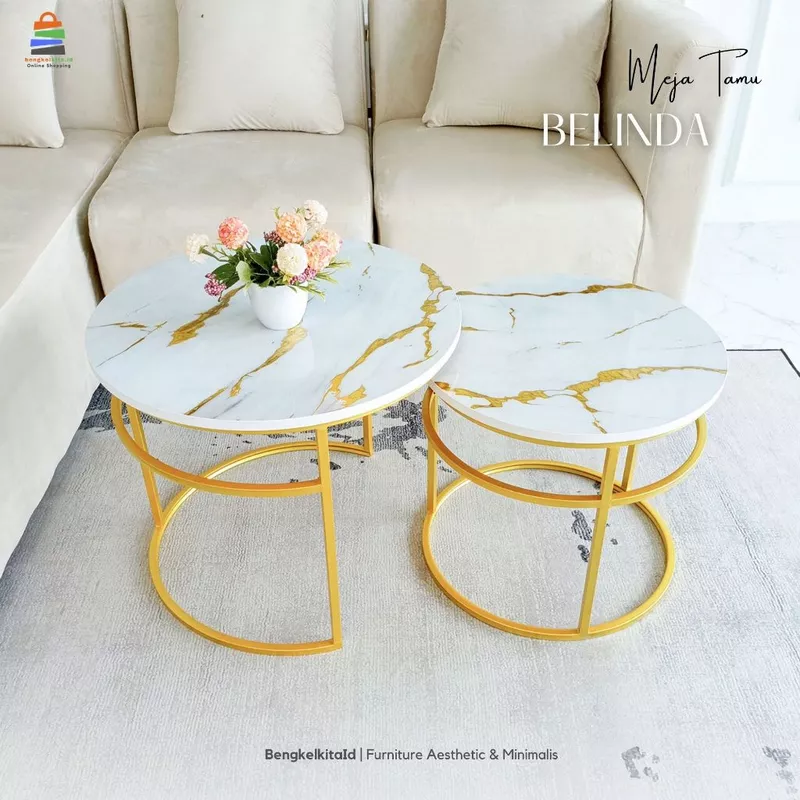 Aesthetic Round Coffee Table Set of 2 - MEJA BELINDA - Modern Nesting Table Multiplek Gold