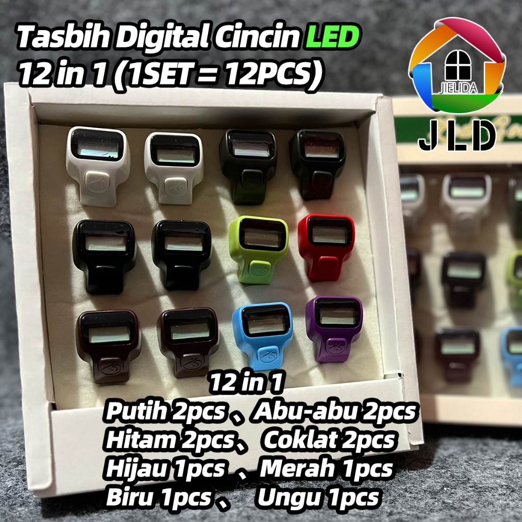 JieLiDa 12 in 1（1set=12pcs）Keluarga Cincin Tasbih Digital Led Mini Alat Penghitung Dzikir  Alat Hitung Digital Tally Counter Tasbeh Ibadah Perlengkapan Sholat