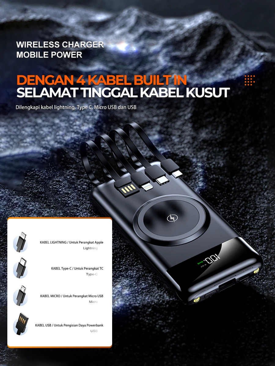 SKCBO Wireless Powerbank 20000mAh / Built In Cable Power Bank