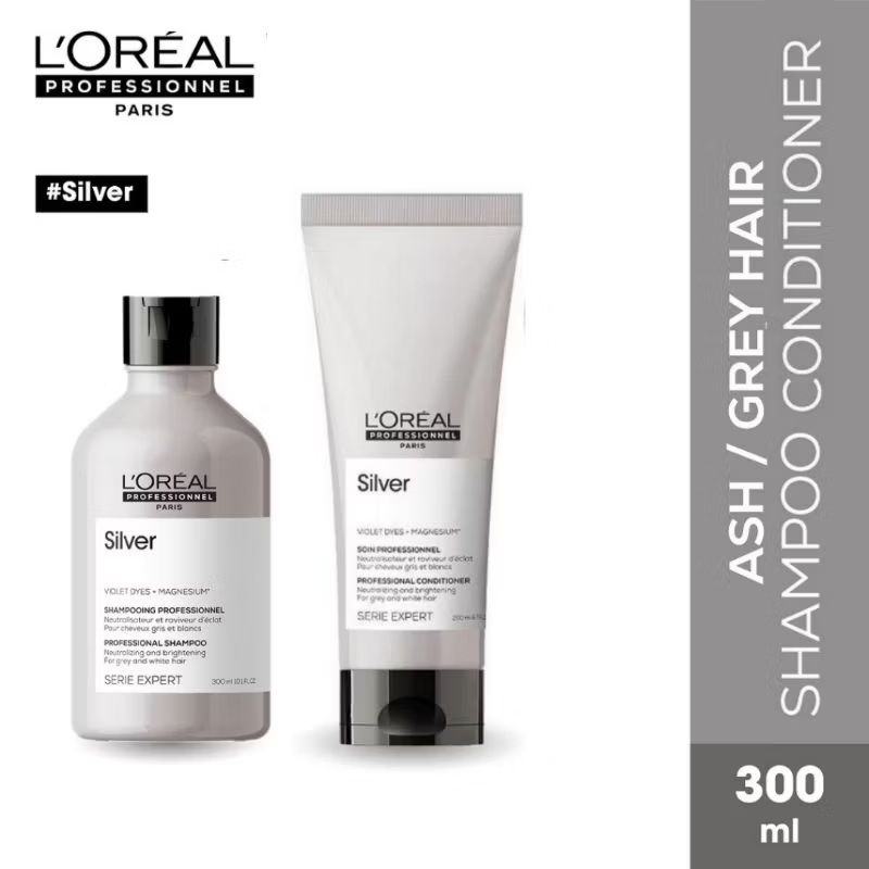 Paket Bundling L'Oreal Professionnel SERIE EXPERT Silver Shampoo 300ml + Silver Conditioner 200ml Untuk Rambut Bleaching / Ash / Grey
