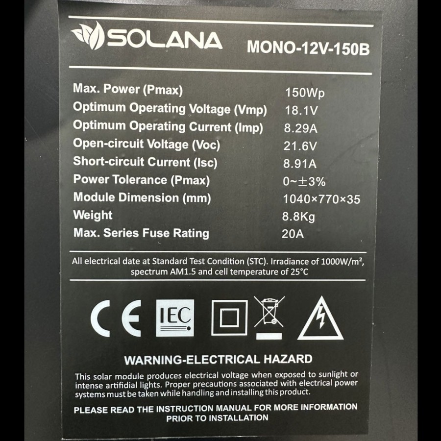 Jual SOLANA SOLAR CELL/PANEL SURYA BLACK MONOCRYSTALLINE 12V 150WP ...
