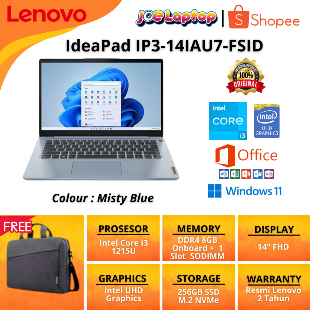 Jual Lenovo IdeaPad IP3-14IAU7-FSID Misty Blue i3 1215U Win11 OHS ...