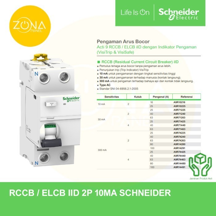 Jual RCCB ELCB SCHNEIDER ACTI9 IID 2P 25A 10MA A9R10225 ORIGINAL ...