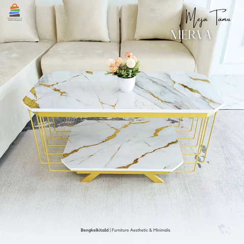 Meja Tamu Aesthetic Meja Panjang Sofa - MEJA MERVA - Susun 2 Besi Beton Cat Duco Mewah
