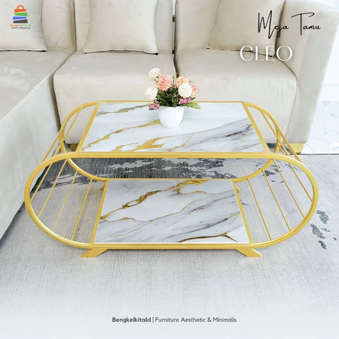 Aesthetic Oval Coffee Table Sofa Desk - MEJA CLEO - Modern Minimalist Besi Holo Gold