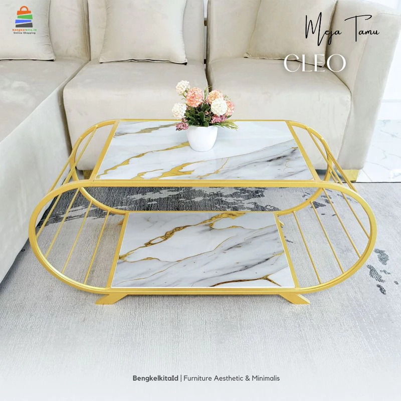 Aesthetic Oval Coffee Table Sofa Desk - MEJA CLEO - Modern Minimalist Besi Holo Gold