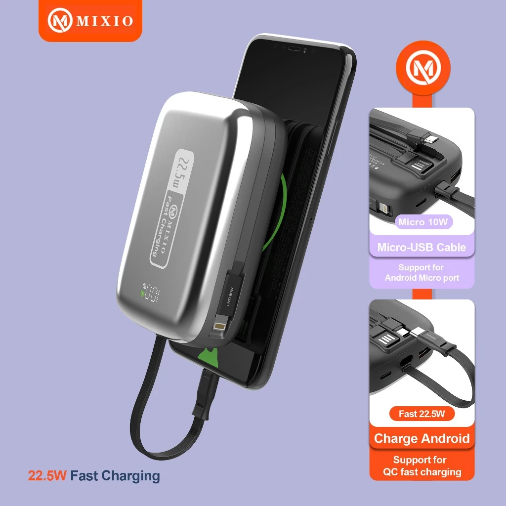 MIXIO MP-14 20000mAh Small Size Powerbank 22.5W With Kabel Fast Charging Lightning & Type C & Micro Usb For Iphone/Android