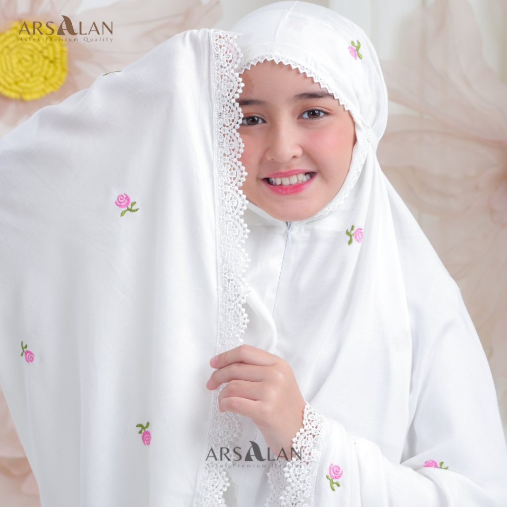 Arsalan - Mukena Anak dan Mukena Dewasa Couple Rayon Bordir | Arafah White Series 2in1