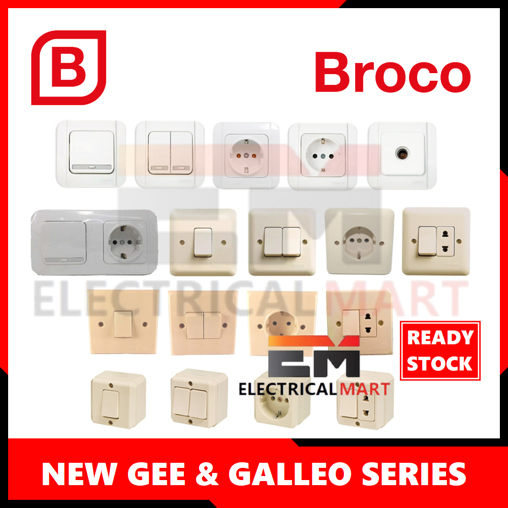 Broco Saklar Engkel Seri Stop Kontak Tanam Galleo Neu Ray Putih New Gee Allegra Cream Single Double Switch Tunggal Ganda Socket Stopkontak WID IB Inbow Tempel OB Outbow Original Grosir SNI