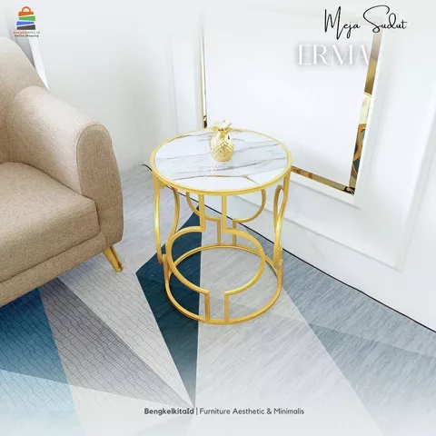 Meja Sudut Aesthetic Meja Tamu Minimalis - MEJA ERrMA - Bulat Samping Sofa Besi Holo