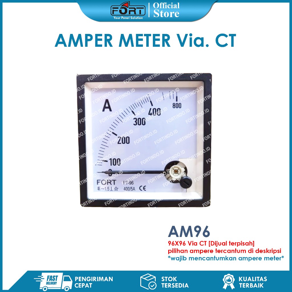 Jual FORT Analog AC Panel Amper Meter AM96 dan AM72 Via CT 96x96 72x72 ...
