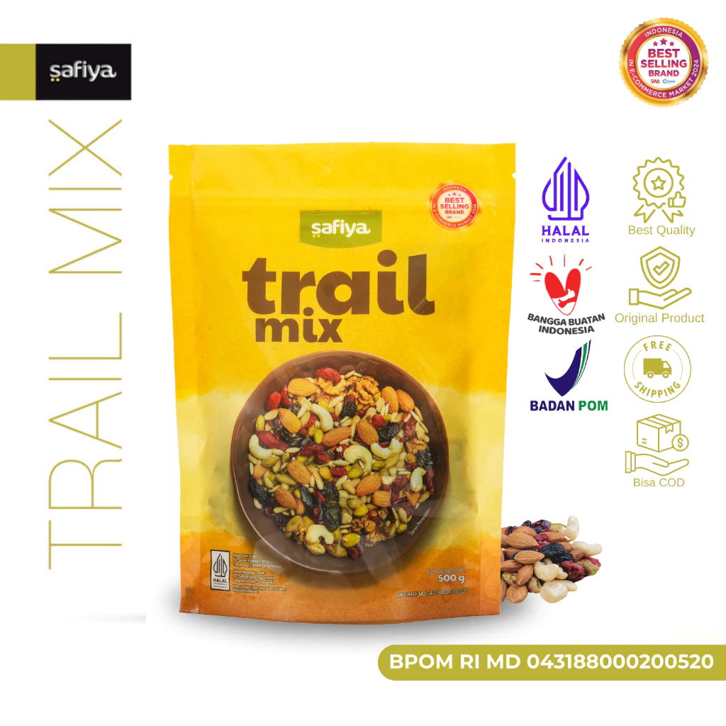 Safiya Trail Mix Original dengan campuran kacang, biji, dan buah kering dalam mangkuk