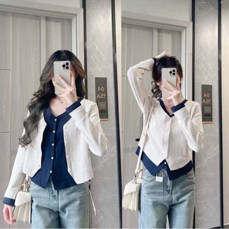 Atasan Wanita Knit Kombinasi 2 Layer - Cardygan Blouse Wanita Lengan Panjang