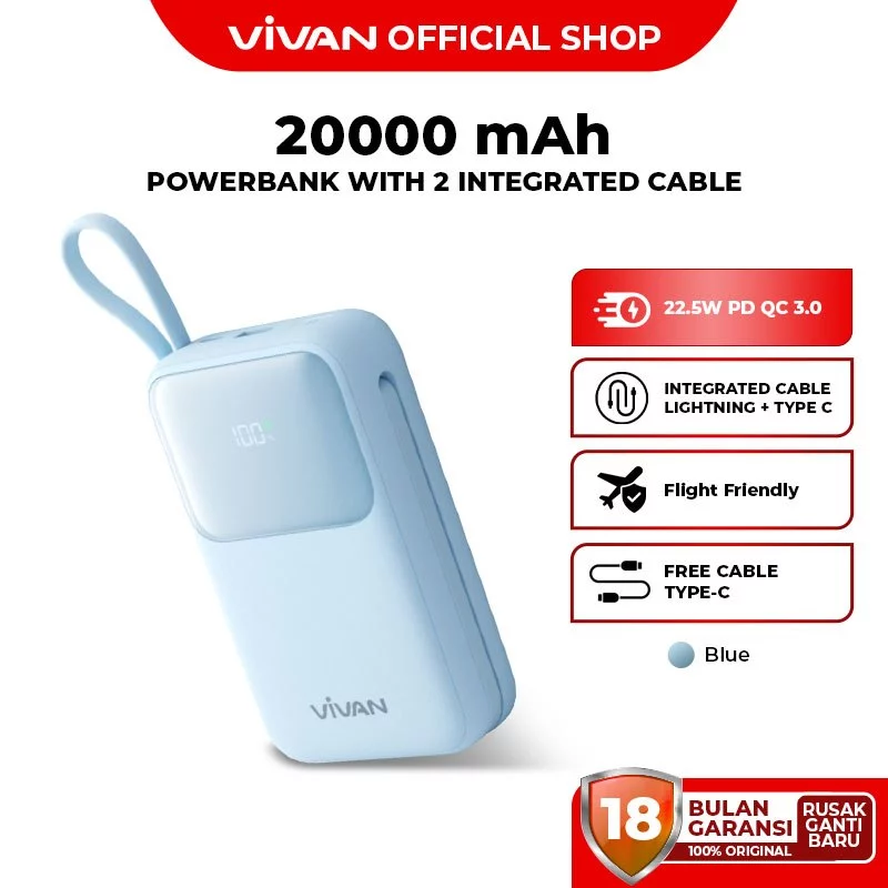 VIVAN Powerbank 20000 mAh 22.5W Fast Charging PD LED Display 4 Port VPB-P20 Garansi 18 Bulan