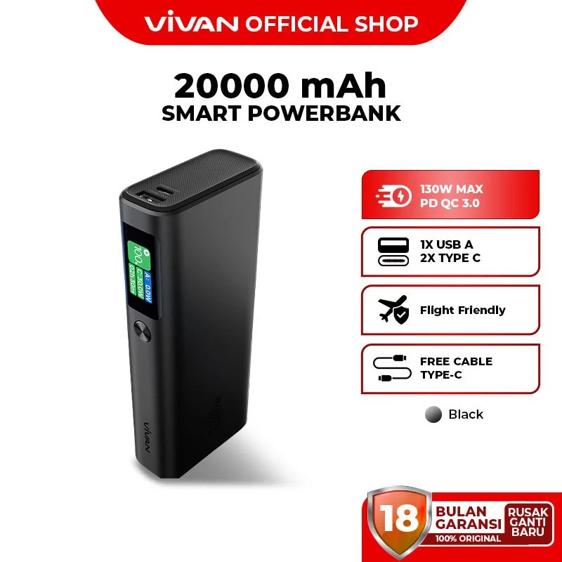 VIVAN Smart Powerbank 20000mAh 130W Two-Way Fast Charging PD QC 3.0 Support Notebook Macbook VPB-T20 Garansi 18 Bulan