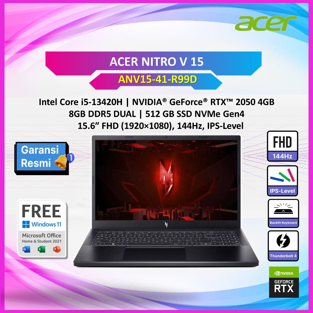 Jual ACER NITRO V 15 INTEL I5 13420H NVIDIA RTX2050 4GB RAM 8GB/16GB ...