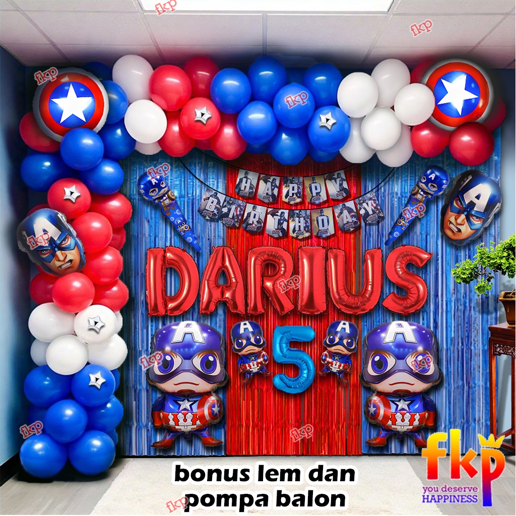 FUN KIDS PARTY - Paket Balon Foil Birthday Captain America / Balon Captain America Lengkap /  Dekorasi Ulang tahun Tema Captain America / Dekorasi Ultah Captain America / Balon Captain America