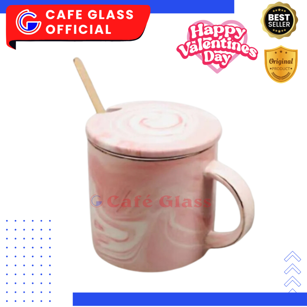 Mug Keramik Marble - Mug Marmer Pink - Mug Tutup + Sendok - Mug 300Ml Royal Alfred
