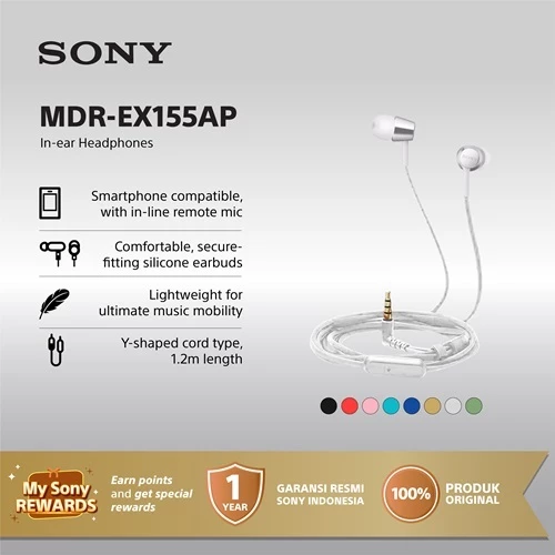 Earphone Sony MDR-EX155AP Handsfree Mass Model In-Ear With Microphone - White Earphone Headset Original