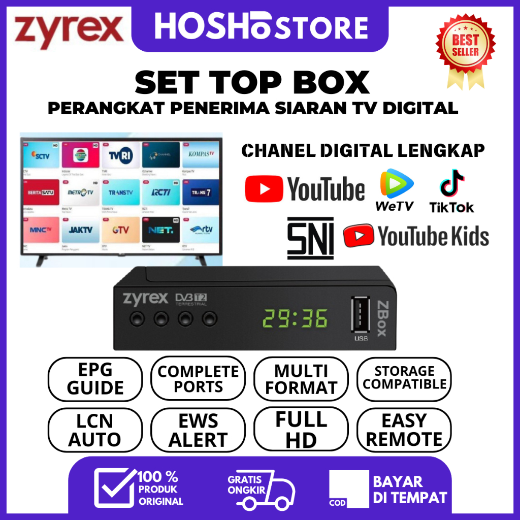 STB TV Digital Tabung Zyrex ZBox-1 DVB-T2 + Antena, Full HD, HDMI, USB, Garansi 1 Tahun