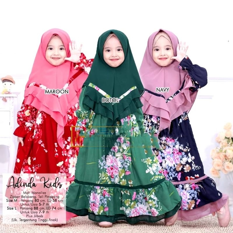 Jual Gamis anak syar'i set hijab usia 2-9 tahun motif bunga monalisa