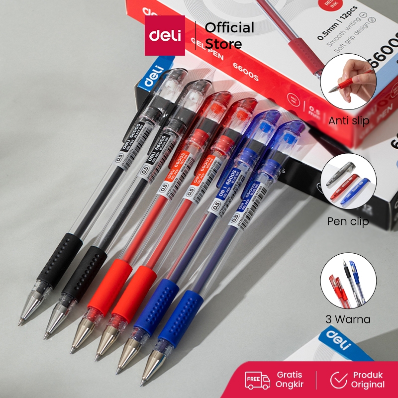 Deli Gel Pen Pulpen 0.5mm Ujung Tumpul Tinta Hitam/Biru/Merah Lembut dan Nyaman Dipakai 6600ES
