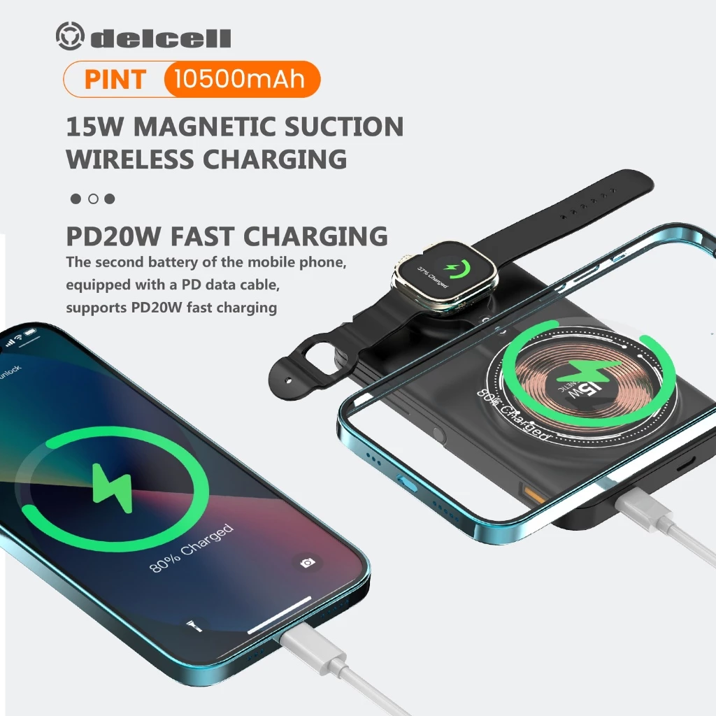 Delcell Pint Wireless Power Bank Magnetic Magsafe 15W 10500mAh Fast Charging 20W Type C PD