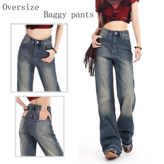 Keygirl baggy pants jeans wanita Retro Biru/celana jeans wanita korean style straight loose pants premium JUMBO