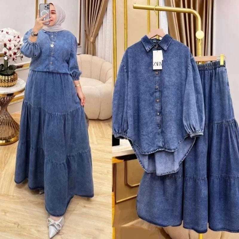 Jual Lena Set Rok Kemeja/Blouse Setelan Rok Kemeja Blouse Jeans Wanita ...