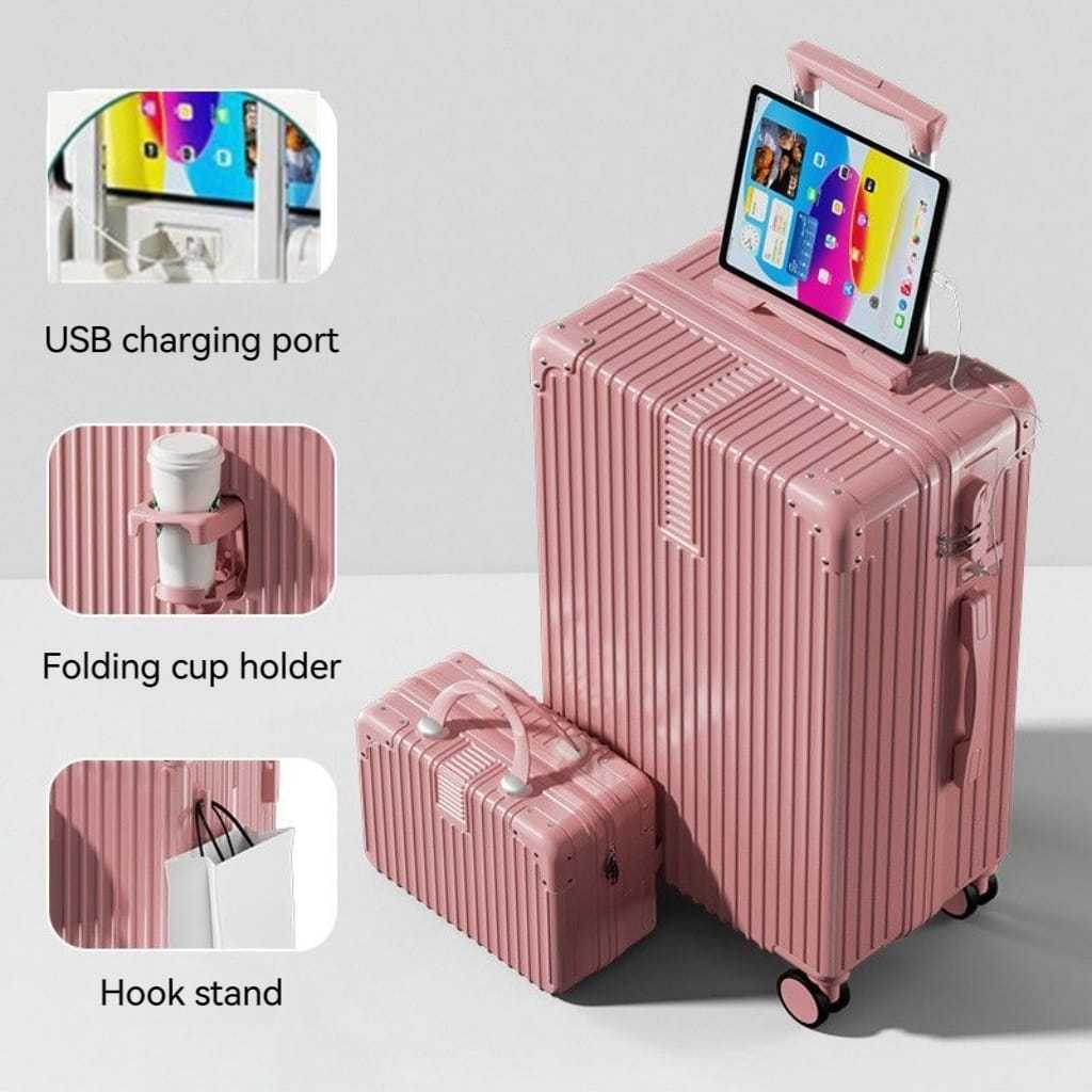 Smile Bird koper kabin USB charger 20 inch koper cup holder Wanita 24 Inch  koper mini Kata Sandi 18 Inch