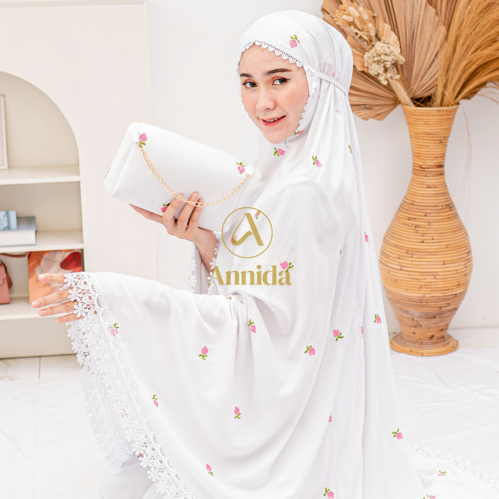 Mukena Dewasa Katun Rayon  Bordir Inara Putih Renda Mewah Jumbo