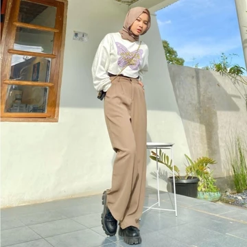 Loose Pants Trousers Wanita Highwaist Celana Kulot Kantor Anti Kusut Bahan Polyester BY Roliz