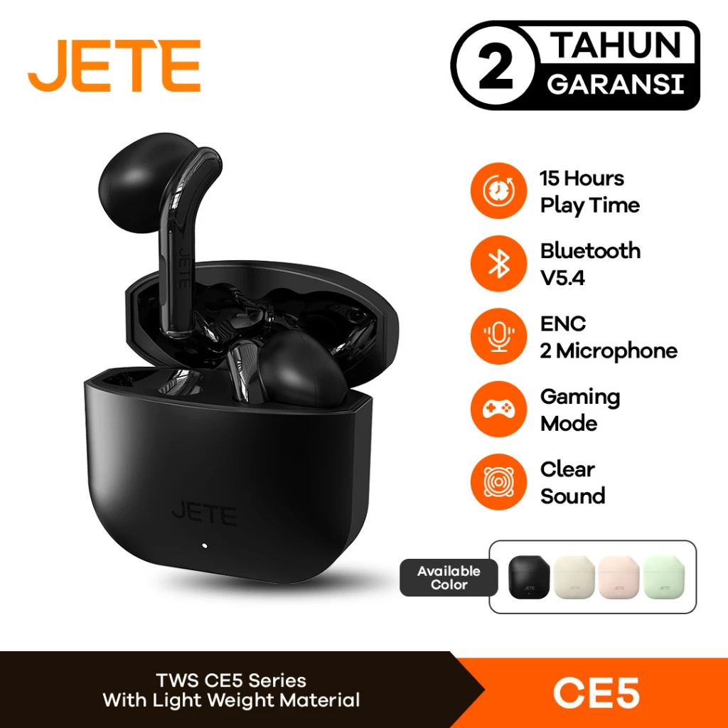 TWS Earphone Bluetooth JETE CE5 BT 5.4 15H Playtime with Gaming Mode - Garansi 2 Tahun