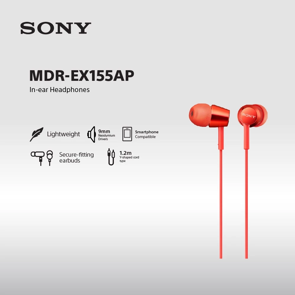 Earphone Sony MDR-EX155AP Handsfree Mass Model In-Ear With Microphone - Red Earphone Headset Original