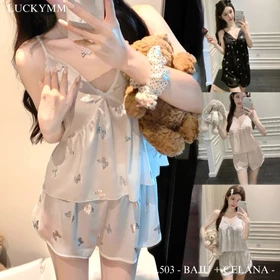Luckymm Sleepwear Piyama Setelan Baju Tidur Wanita Bahan Satin Silk Include Cup Bra 503